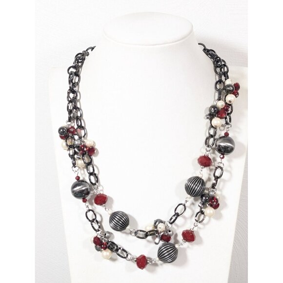 Premier Designs Gunmetal Red Bead Faux Pearl Double Layer Necklace Goth 20" - Picture 1 of 8